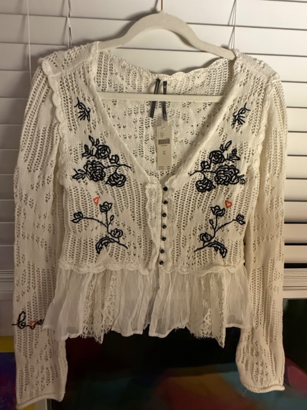 NWT Anthropologie Ivory Embroidered Floral Lace Peplum Cardigan XS